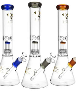 Diamond Glass Gold Warp Water Pipes with colored accents, beaker design, clear borosilicate glass, front view.