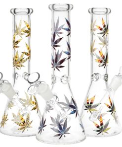 Stylized Hemp Leaf Glow in Dark Glass Water Pipe - 10" / 14mm F / Colors Vary - Headshop.com