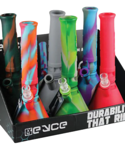 Eyce Silicone Beaker Bongs in assorted colors, 6 pack display, durable for dry herbs