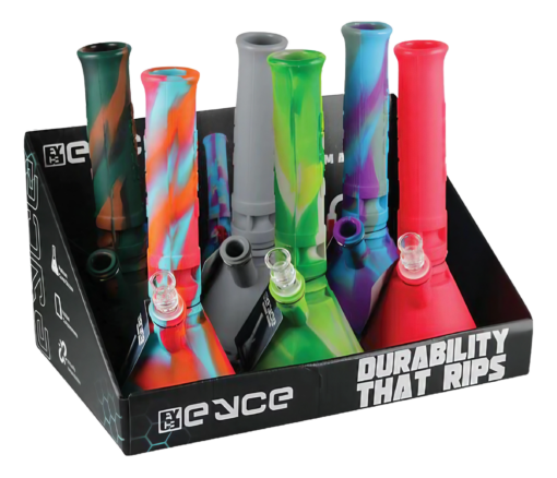 Eyce Silicone Beaker Bongs in assorted colors, 6 pack display, durable for dry herbs