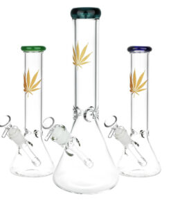 Gold Hemp Leaf Glass Beaker Water Pipe | 14mm F | Colors Vary - Headshop.com
