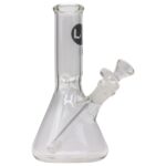 LA Pipes Basic Beaker Bong, clear glass, 8" with 45-degree joint, front view on seamless white background