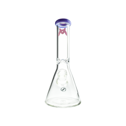 MAV Glass 10" Beaker Bong with Purple Accents, Clear Glass, Front View on White Background