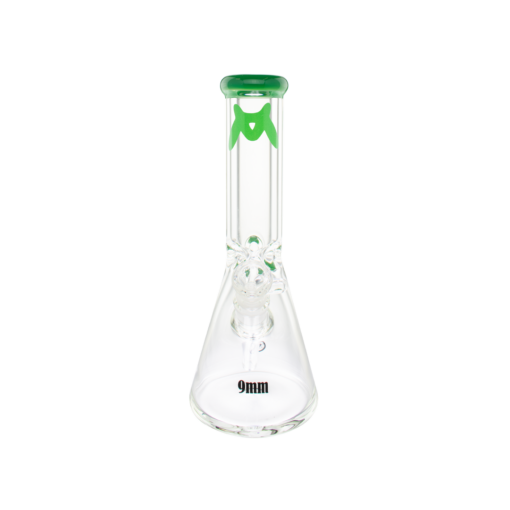 MAV Glass 12" Classic Beaker Bong with 9mm thickness and forest green color accent, front view on white background