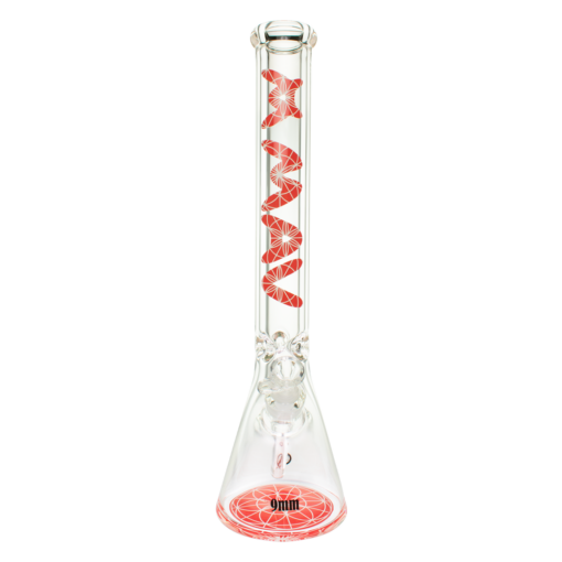 MAV Glass 18" Red Mandala Beaker Bong with thick glass and clear design, front view on white background