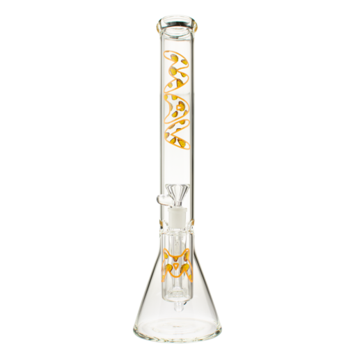 MAV Glass 18" Beaker Bong with Ashcatcher in Blue & Gold, Front View on White Background