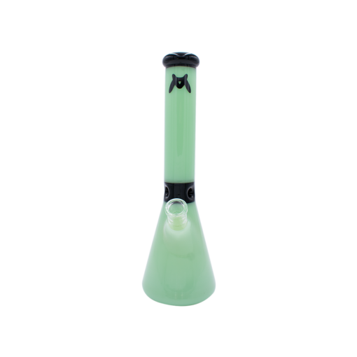MAV Glass Mini Zebra Beaker in Seafoam, front view, with a 14mm banger hanger joint