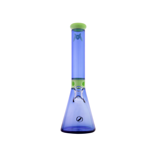 MAV Glass Mini Zebra Beaker in Slime and Ink Blue, front view, with 14mm joint and zebra stripe accents