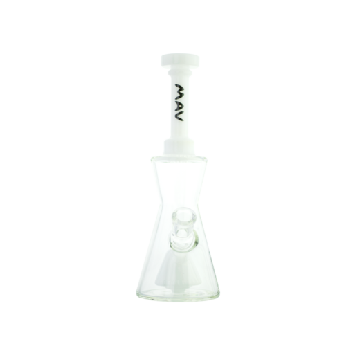 MAV Glass Pyramid Hourglass Bong in White with Slitted Percolator, Front View on White Background