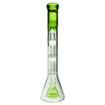 MAV Glass Pyramid to Double UFO Beaker Bong in clear with green accents, 18" tall, front view