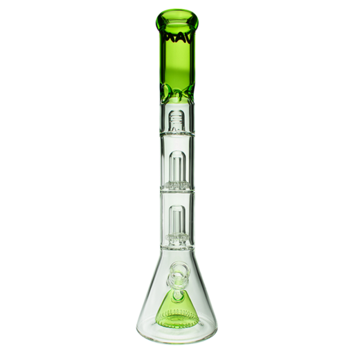 MAV Glass Pyramid to Double UFO Beaker Bong in clear with green accents, 18" tall, front view