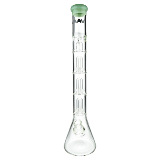 MAV Glass Triple UFO Beaker Bong, 21" tall with 18-19mm joint size, front view on white background
