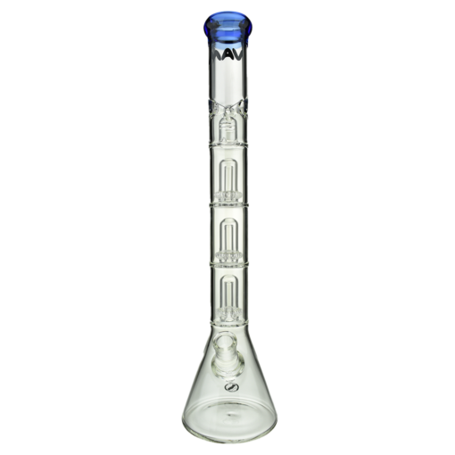 MAV Glass Triple UFO Beaker Bong with clear glass and blue accents, front view on white background