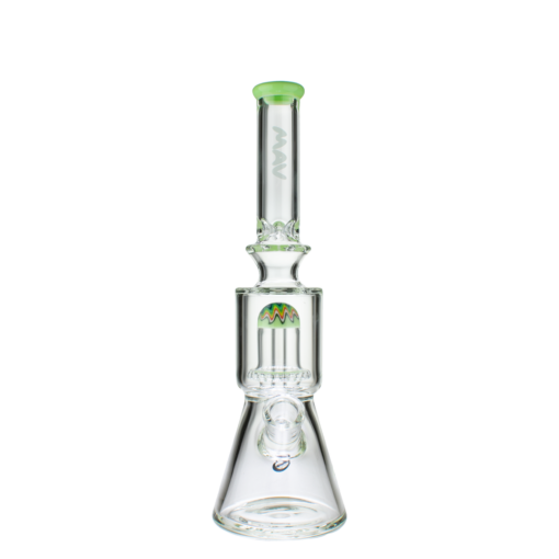 MAV Glass Wig Wag Reversal UFO Beaker in Slime, 13" with Showerhead Percolator, Front View