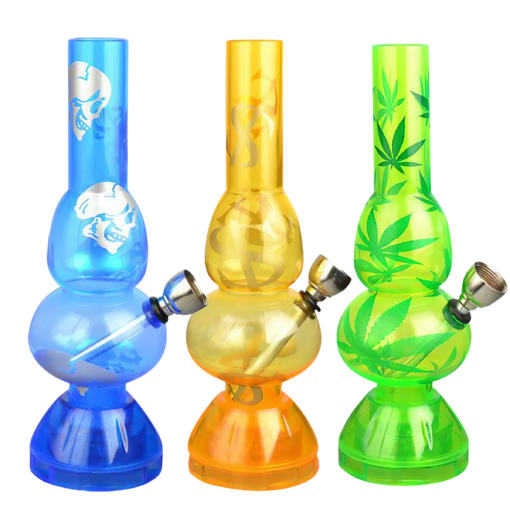 Assorted colors mini acrylic double bubble water pipes with built-in grinders, front view