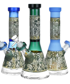 Mushroom Melange Etched Glass Beaker Water Pipe | 9" | 14mm F | Colors Vary