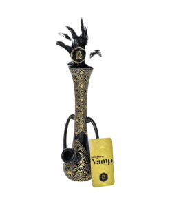 My Bud Vase "Vamp" Bong with black and gold design, feathered top, and poker accessory.