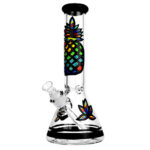 Psychedelic Pineapple Beaker Water Pipe, 12.5" tall borosilicate glass, front view on white background