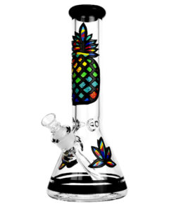 Psychedelic Pineapple Beaker Water Pipe, 12.5" tall borosilicate glass, front view on white background