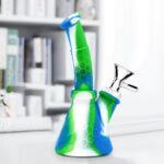 PILOT DIARY Silicone Beaker Bong in Blue and Green - Angled View with Glass Bowl