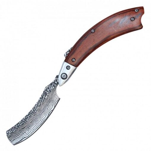 Buckshot Razor Curved Stainless Blade Wood Handle Folding Knife 13cm Light Wood
