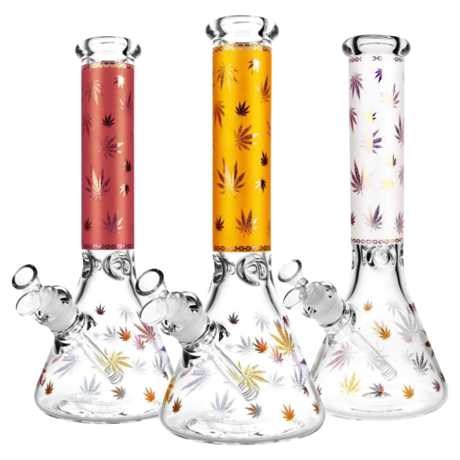 Trio of "Trees" Foil Canna-Leaf Print Beaker Bongs with heavy wall borosilicate glass